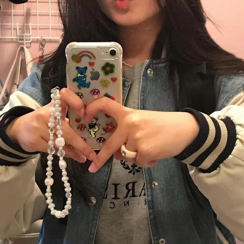 WCCH Beaded Phone Charm Y2K Kawaii Handmade Acrylic Phone Lanyard Wrist Strap for Camera Bag Airpods Keychain Charm Pure White Pearl - Image 5